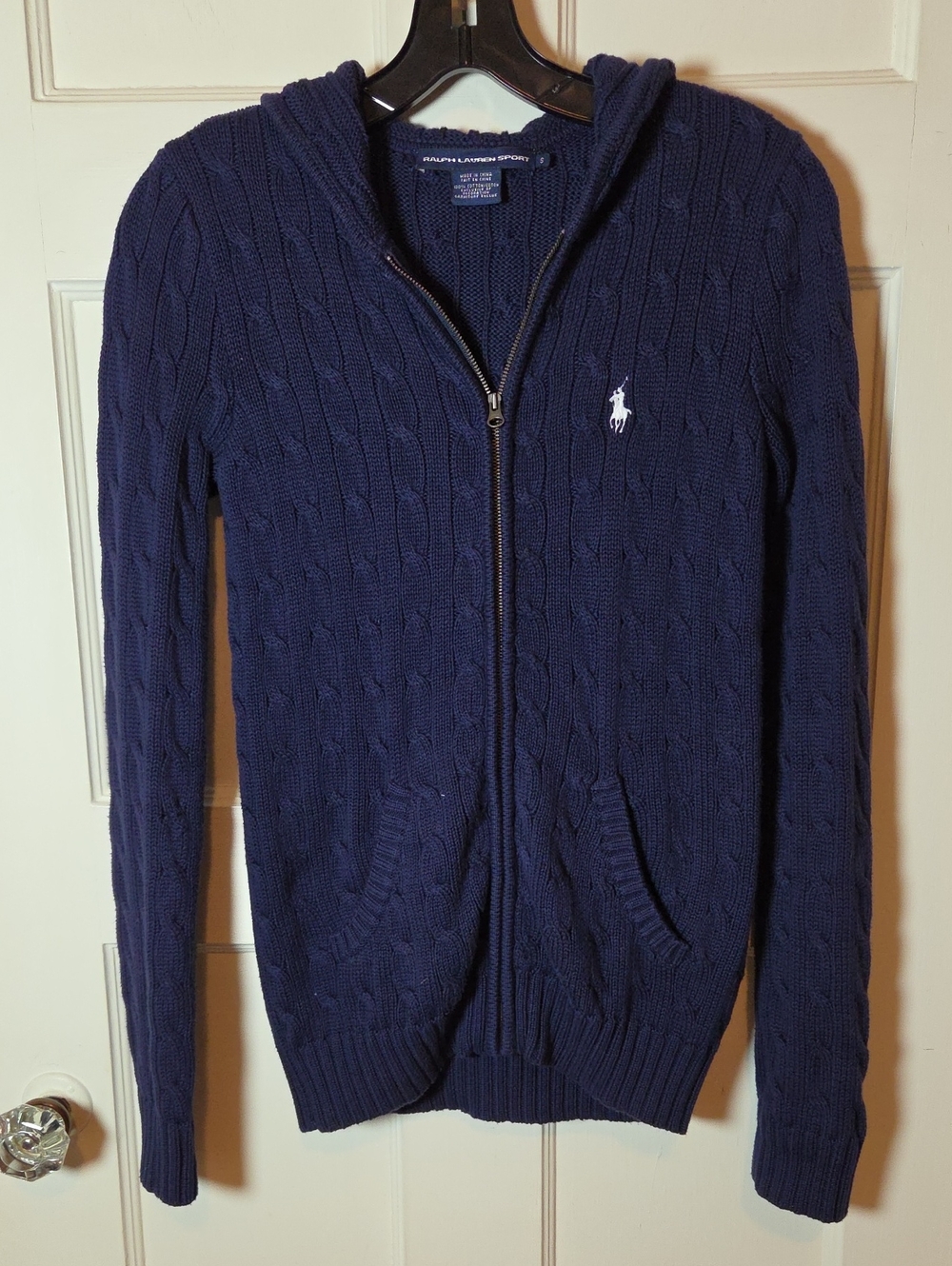 Vintage Ralph Lauren Sport Y2K Navy Cable-Knit Zip-Up Hoodie Sweater Size Small